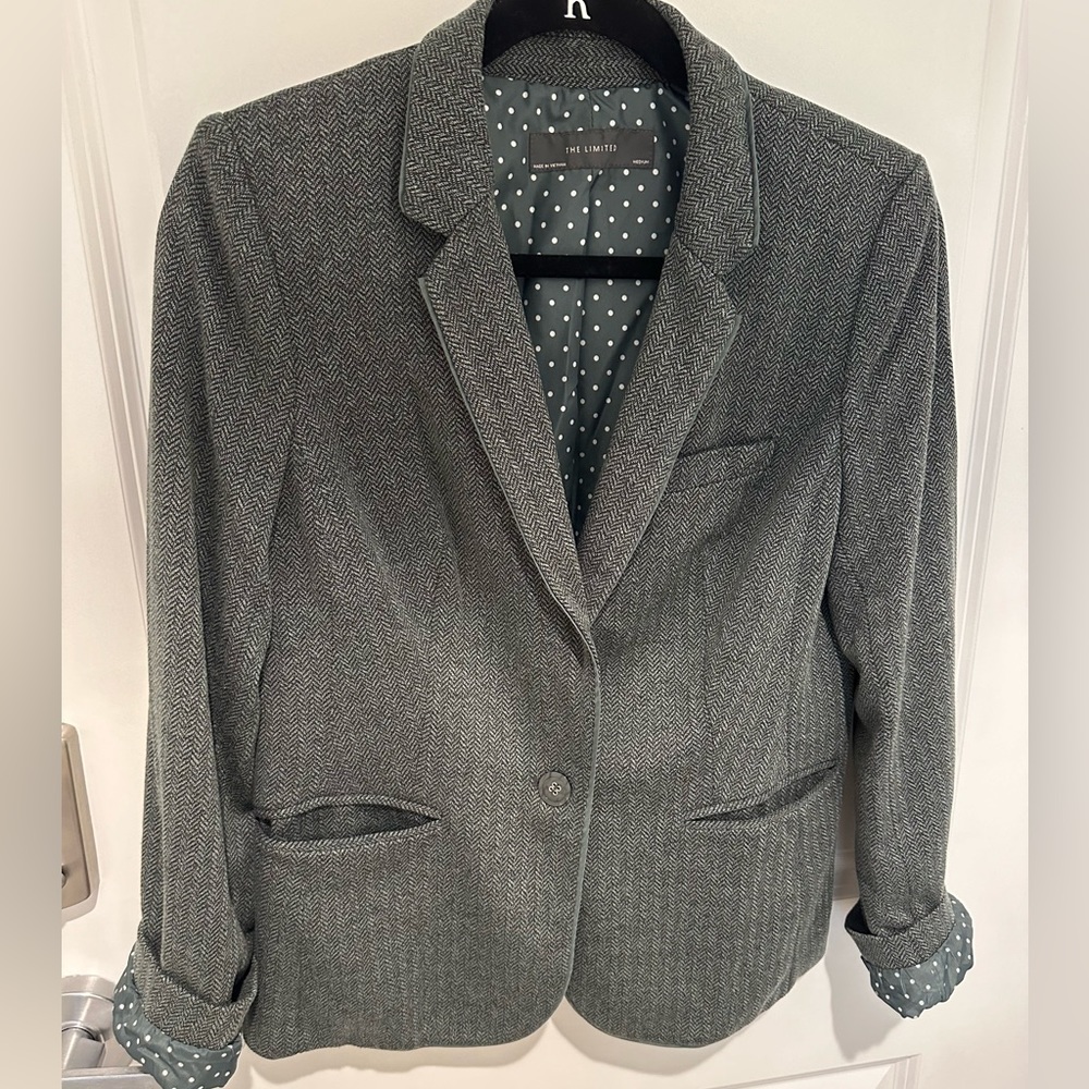 Blazer, grayish-green, one button, size medium